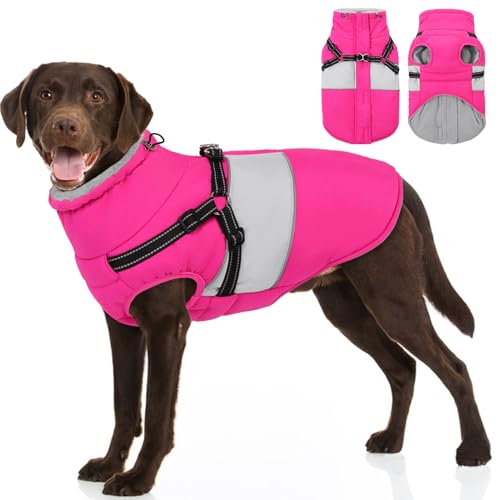 Image of Dog Coat, XXL Dog Jacket Winter with Harness Built in, Waterproof Pet Snow Jacket with Furry Collar for Chilly Day, Reflective Fleece Snowsuit for Extra Large Dogs, Hot Pink 2XL