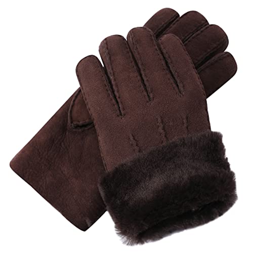 Harssidanzar Winter Man Leather Gloves,Suede Lambskin Shearling Fur Cuff Thick Wool Lined Heated Warm For Winter Cold Weather Dress Driving Gloves Km043,Brown,Size M #TOP5