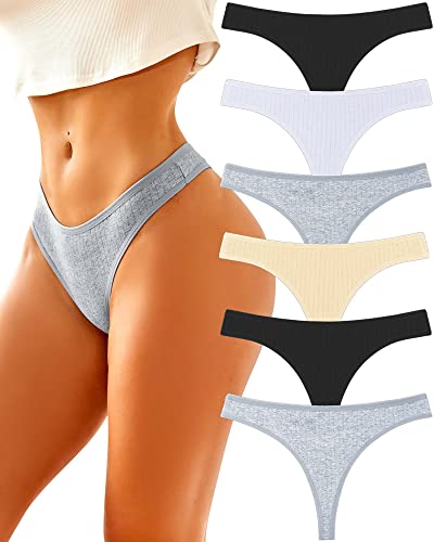 Image of FINETOO Cotton Thongs for Women Soft Low Rise Sexy Thong Ladies Panties Womens Underwear 6 Pack XS-XXXL
