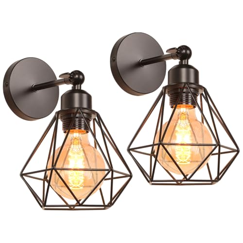 iDEGU 2 piezas Lámpara de Pared Industrial E27 Aplique de Pared de Estilo Geométrico de Metal con Rotación de 180° Lámpara de techo Vintage para Pasillo Dormitorio Sala de Estar (Jaula 16cm, Negra)