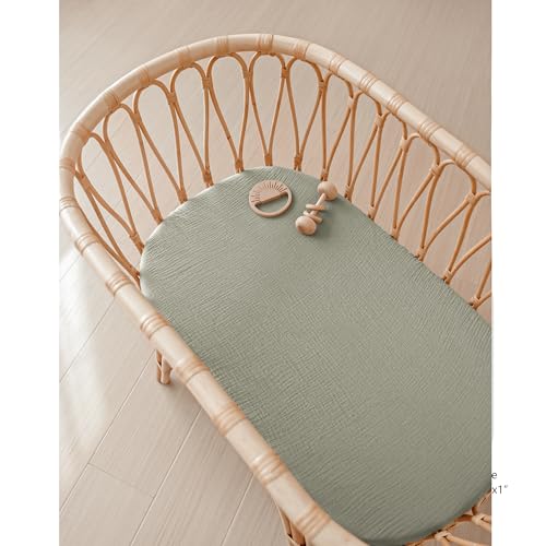 Image of Konssy Muslin Bassinet Sheets for Baby Girl Boy, 2 Pack Soft Breathable Baby Bassinet Mattress Sheets Fit for Hourglass Oval Cradle, Moses Basket Rectangle Mattress (Tree,Fog Green)