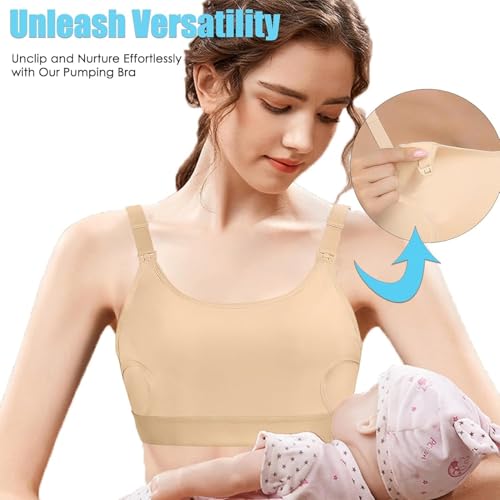Image of Hands Free Pumping Bra Hands-Free Breast Pump Bra Nursing Bras for Pumping Adjustable Breast-Pumps Holding and Nursing Bra,Beige,Small