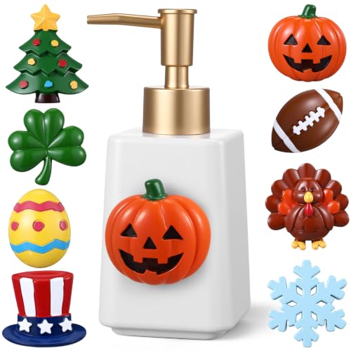 Gejoy Seasonal Soap Dispenser Patriotic 4th of July Magnetic Interchangeable Set - Ceramic Hand Soap Dispenser with 9 Seasonal Resin Ornaments & Magnetic Pads-Festive Bathroom & Kitchen Dec(Gold)