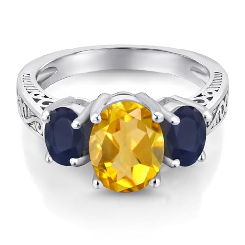 Gem Stone King 925 Sterling Silver Yellow Citrine and Blue Sapphire 3-Stone Engagement Ring For Women | 2.25 Cttw | Gemstone Birthstone | Available In Size 5, 6, 7, 8, 93