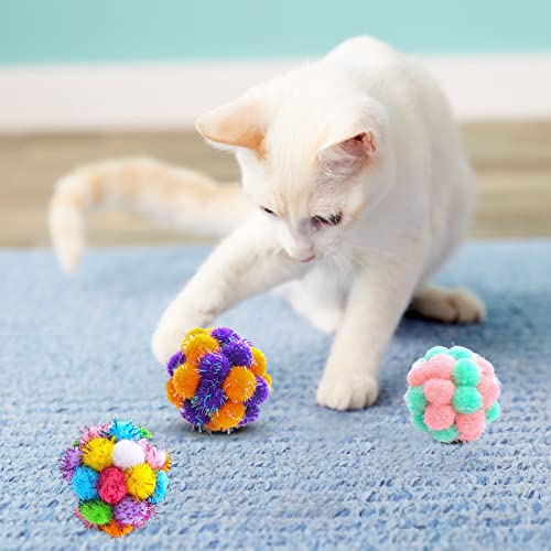 TUSATIY Bolas de brinquedos para gatos com sinos 3 peças, bolas coloridas de pompom, bolas brilhante