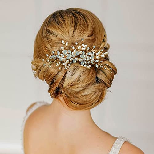 Sooshin Bridal Pearl Hair Comb with Crystal Rhinestone Headpiece for Women, Brides and Bridesmaids (C-gold)
