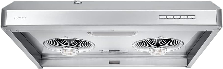 Donja strana view of Pacific Auto Clean Range Hood showing fans and LED light
