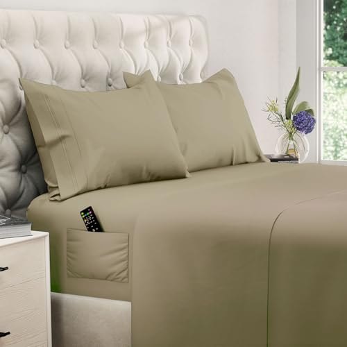 Image of DREAMCARE King Size Sheets Set - 4 pcs Breathable Cooling Sheets - up to 15 inch Deep Pocket King Sheet Set with Side Pockets - Extra Soft 100% Brushed Hypoallergenic Hotel Luxury Bedding - Eucalyptus