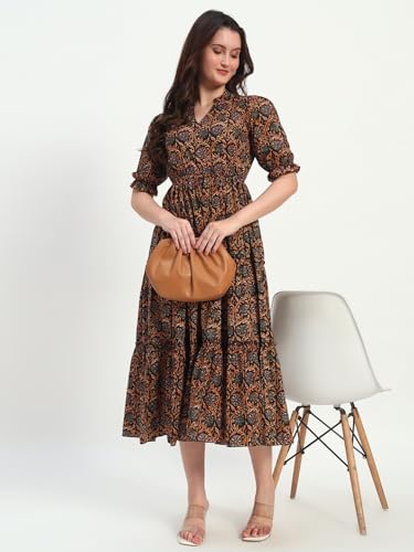 Image of Women's Fit and Flare Dress I Pure Cotton Long Summer Maxi Dress I V-Neck I Casual Wear I Printed Kalamkari Floral Middi