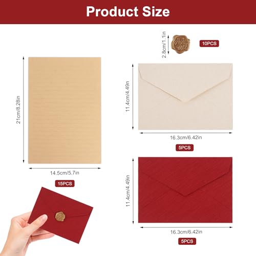 Briefpapier mit Umschlag 35 Stück Briefpapier Set mit 10 Umschläge und 10 Wachssiegel Selbstklebend und 15 A5 Briefpapier Vintage Papier Liebesbrief für Geburtstag Hochzeits Einladung Grußkarten