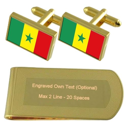 Gemelos tono oro de la bandera de Senegal y pasabilletes grabado con acabado artesanal premium