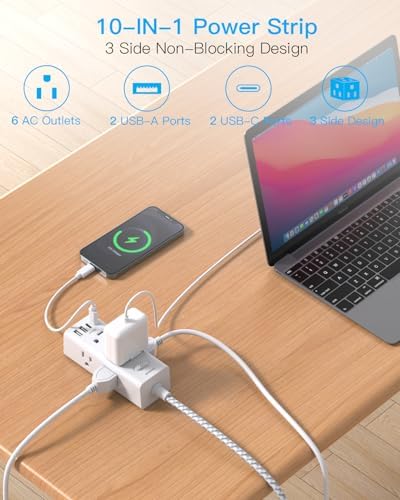 One Beat Surge Protector Power Strip, 5 Ft Flat Plug Extension Cord, 900J - 1