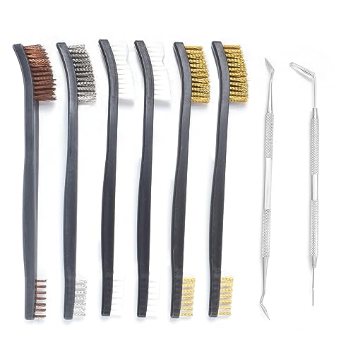 Image of Small Wire Brush Set - Brass /Stainless Steel /Nylon Brushes for Cleaning Rust Removal, Dirt, Paint Scrubbing Wire Brush Set Double-Ended Cleaning Pick (8 Pieces Black)