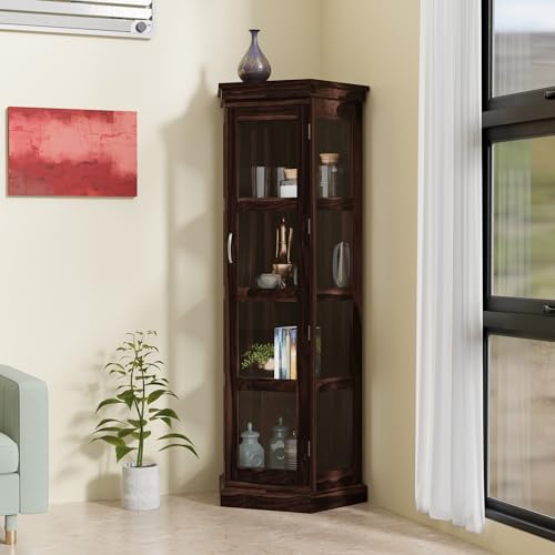 Image of Krishna Wood Decor Solid Sheesham Wood Corner Cabinet with Four Shelves | Tall Display Unit Storage with Acrylic Glass Door for Living Room & Office | Wooden Bookcase /Corner Showcase | Walnut Finish