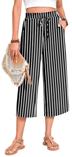Image of Anyhold Women's Capri Pants Drawstring Casual Palazzo Trousers with Pockets Loose High Waisted Wide Leg Lounge Pants