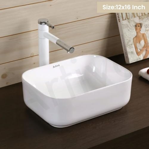 Image of Artiva White Tabletop Wash Basin For Bathroom (12x16 Inch) | Medium Ceramic Wash Basin Bathroom | Rectangle Shape