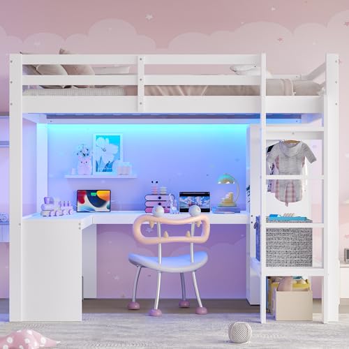 Cama alta de 140 x 200 cm, cama infantil con estantes multifunción, escritorio bajo la cama, luz LED y USB, armario con espacio de almacenamiento, estructura estable (blanco)