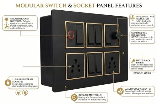 Image of Wall Board with 6 Switches, 1 Fan Regulator, 2 x 5A Sockets and 1 Indicator, Black with Gold Trim, 8x6x2 Inch