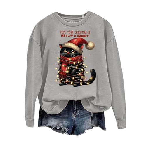 Image of HUIFUAO Christmas Sweatshirt Women Funny Christmas Sweaters for Women Plus Size Xmas Black Cats Print Long Sleeve Womens Christmas Tops Pullover (Z01-Grey, L)