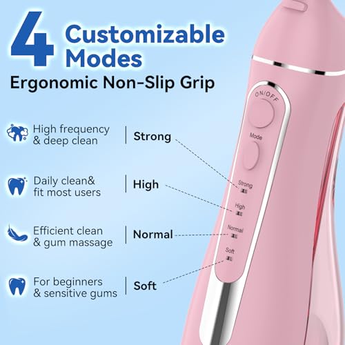 Image of Cordless Portable Water Flosser with 300ML Tank: Rechargeable Oral Irrigator with 5 Tips for Travel, Braces Care and Sensitive Gums, IPX7 Waterproof Teeth Cleaning Device(Pink)