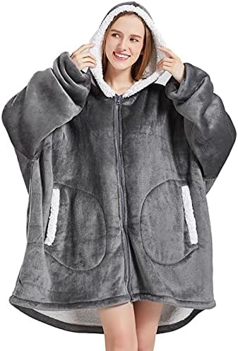 FAYBOX Wearable Blanket Hoodie with Zip for Women Men, Fuzzy Warm Sherpa Comfy Oversized Hoodie Blanket Plush Sweatshirt with Giant Pocket One Size Fits All-Dark Grey