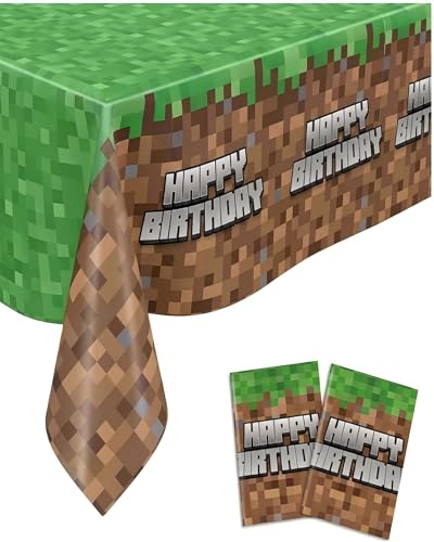 Calmi Pixel Miner Tablecloth (Pack of 2) 54.2x108 Waterproof Gamer Birthday Party Table Cover for Boys & Girls Pixel Themed Video Game Party Decorations for Tables