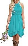 Eldecey Fall Women's Turquoise Cocktail Dresses Prom Wedding Guest Short Bridesmaid Dresses Ruffle 2024 Sleeveless Chiffon Formal Dresses for Teens US6