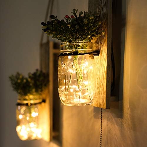 TJ.MOREE Jar Wall Sconces, Vintage Home Decor with Pull Chain Switch, Seasonal Interchangeable Colorful Flowers and LED Strip Lights Design for Farmhouse Home Decoration - Shabby White (Set of 2)