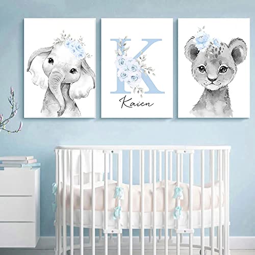 Youihom 3 Toile Prenom Chambre Bebe Enfant Garcon Tableau Gris et Bleu Poster Elephant Lion Fleurs Affiche Personnalisée Bébé Salle de Jeux Decoration Murale Cadeau 30x40 sans Cadre