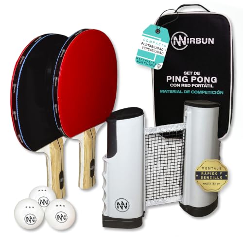 NIRBUN Set Ping Pong con Red Extensible - Palas Tenis de Mesa Profesional - Pelotas Ping Pong 3 Estrellas - Red Tenis de Mesa Ajustable Mesa