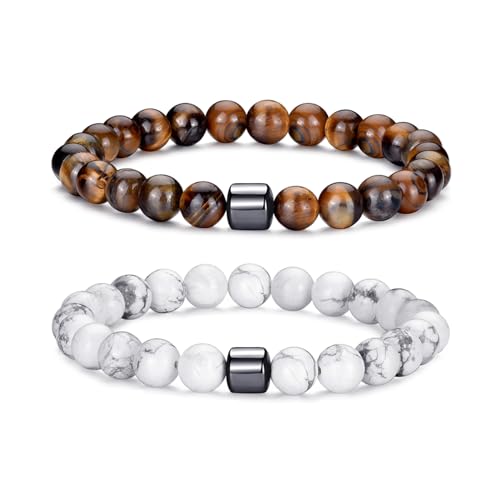Bracciale Occhio di Tigre per Uomo 8MM Bracciale con Perline in Pietra Naturale Set Braccialetti Elasticizzati in Pietra Lavica Bracciale Regolabile con Perline di Cristallo Nero per Uomo Donna Regali