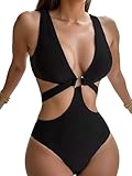 MakeMeChic Women's Cut Out Ring Linked One Piece Swimsuit Plunge Neck Monokini Bathing Suit Solid Black Small
