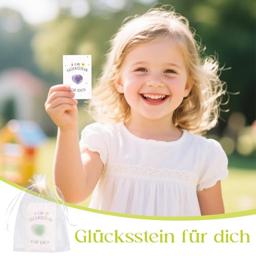 BOFUNX 12 Set Kinder Glücksstein, Bunte Herz Glückssteine + Regenbogen Grußkarten + Organzasäckchen, Kinder Geschenk Glücksbringer Mitgebsel für Geburtstag Party und Abschied