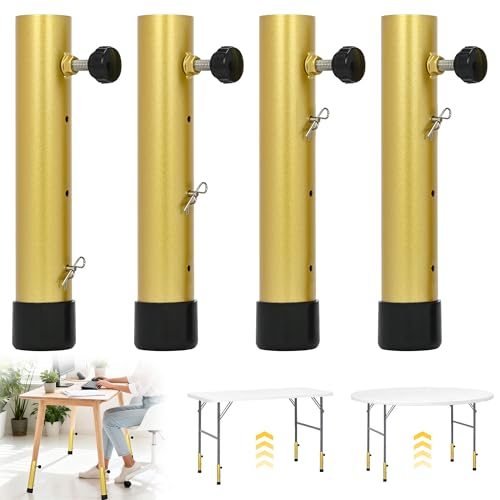 awagas 4 Pack Gold Table Legs Risers for Folding Tables, 3 Levels Adjustable Folding Table Leg Extensions Straight/Bent Legs Tables Leg Extenders for Rise 2"/4"/6",Reduces Stooped Work
