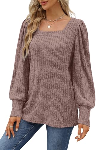 Image of WIHOLL Long Sleeve Shirts for Women Trendy Casual Square Neck Tops Lightweight Sweaters