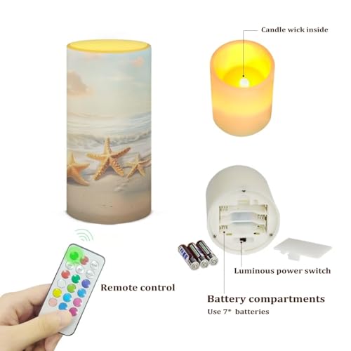 Image of Poceacles Beach Starfish Gold Flameless LED Candle Auto-Moving Wick Effect Votive Tealights Realistic Pillar Candle with Remote 4H 8H Timer Color Changing for Home Indoor Coastal Decoration