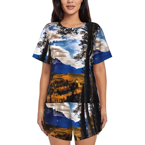 Pyjama 2 pièces femme imprimé Rocky Mountain avec t-shirt col rond et short doux
