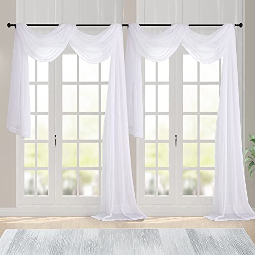 Image of Chyhomenyc White Sheer Scarf Valances for Windows 216 Inch Extra Long, Window Scarf Drapes Rod Pocket Backdrop for Wedding Arch Draping /Party /Canopy Bed /Living Room, 2PC, 18 Feet Length
