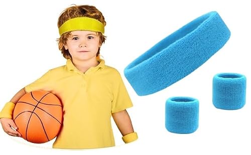PLAY2FIT Kids Sweatbands Toddler Headband Wristband Set - Athletic Polycotton Sweat Band for Kids Youth Baby (1 Headband + 2 Wristbands) (Sky Blue)