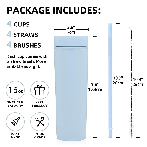 Volhoply 16oz Tumbler with Lid and Straw 8 Pack,Double Wall Plastic Skinny Tumblers Bulk,480ML Reusable Cute Coffee Mug,BPA Free Matte Acrylic Water Cups with Straw for Parties,DIY Gifts(Blue,8 Set - Image 2
