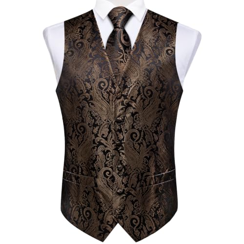 Image of DiBanGu Mens Vest and Tie Set Formal Paisley Waistcoat and Necktie Pocket Square Cufflinks Silk Suit Vest for Tuxedo Wedding