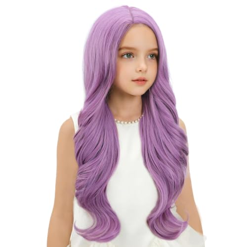 Image of Light Purple Wig Long Light Purple Middle Part Wig Long Wavy Curly Wigs Heat Resistant Synthetic Wigs for Daily Party Use
