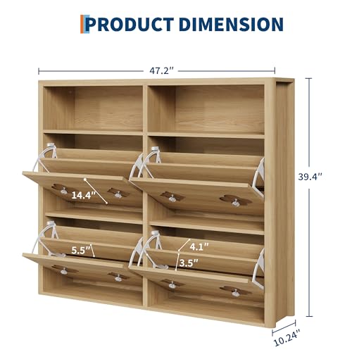 Image of GarveeHome Shoe Storage Cabinet with 4 Flip Drawers & Adjustable Shelves | Floral Pattern, Shoe Cabinet for Entryway, Hallway, Living Room, Narrow Wooden Shoe Cabinet, Natural