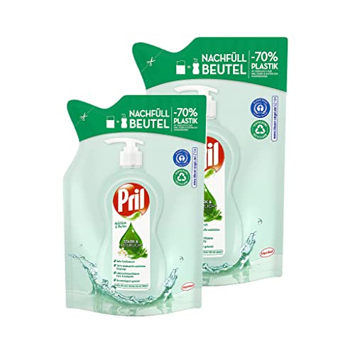 Pril Stark & Natürlich Apfelblüte & Aloe Vera Geschirrspülmittel (2 x 420 ml), Spülmittel sensitiv mit hoher Fettlösekraft, Spülmittel Nachfüllbeutel, Blauer Engel-zertifiziert Cover