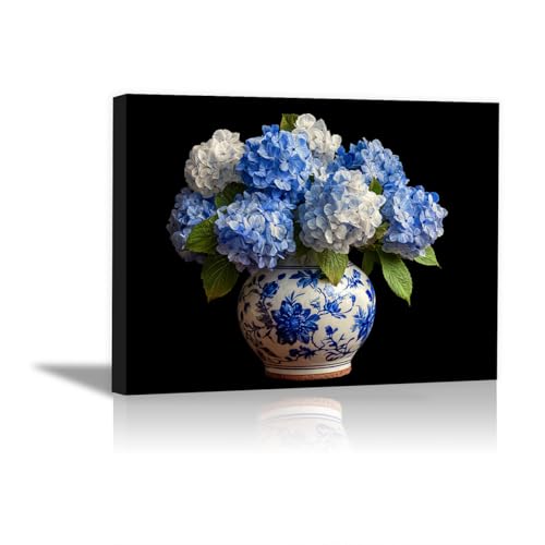 Tableau vegetal hortensia bleu HOQIU affiche decoration murale multicolore encadree 60x80cm