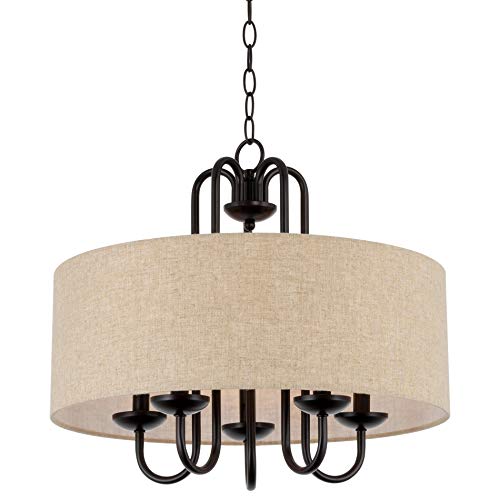 Image of Kira Home Gwenyth 20 inch Modern Farmhouse 5-Light Drum Chandelier with Oatmeal Linen Shade, Rustic Arched Metal Hanging Fixture, Oil Rubbed Bronze Finish
