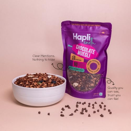 Image of Hapli Earth 6 Millet Chocolate Muesli | 10g Protein, High Fibre | Healthy Breakfast Cereal with Rolled Oats, 6 Millets, Cocoa, Almonds & Pumpkin Seeds | No Refined Sugar, No Preservatives | 250g