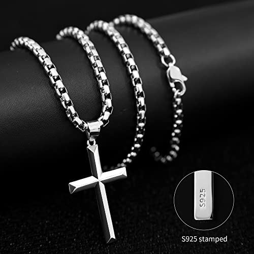 925 Sterling Silver Cross Necklace for Men Women with 4mm Durable Stainless Steel Rolo Chain Necklace 18K White Gold Plated Cross Pendant Necklace Jewelry 16-26 Inches4
