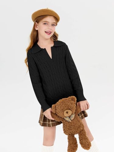 Image of Girls Sweaters Kids Fashion Cable Knit Collared V Neck Pullover Sweater Tops 5-14 Years