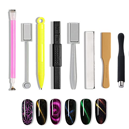 XUBX Set de 8 Palos Imán Magnético Stick, 3D Imán Ojo de Gato, Nail Magnet Tool Set, Cat Eye Magnetic Stick Magnet Plate para Esmalte de Uñas de Gel de Ojo de Gato Magnético Cover
